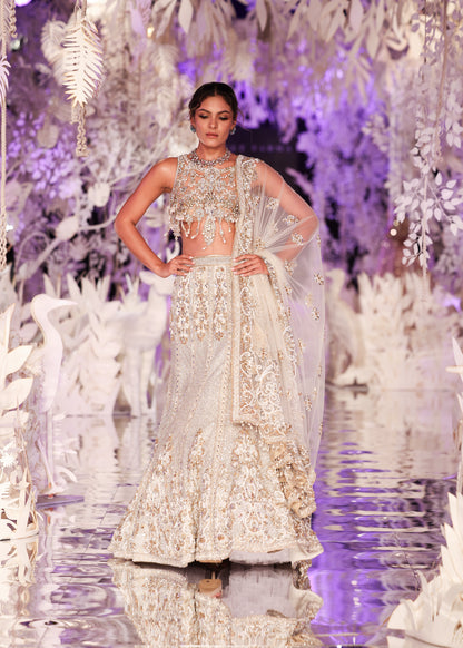 Beaded Crop Top with Embroidered Lehenga Skirt and Sheer Dupatta