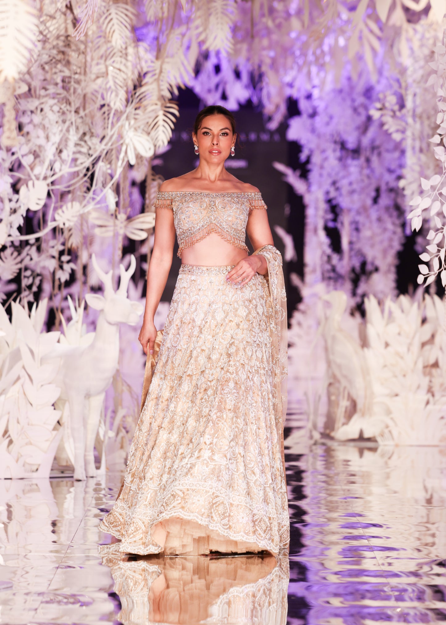 Beaded Off-Shoulder Top and Gold Embroidered Lehenga