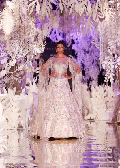 Embroidered Gown with Beaded Cape