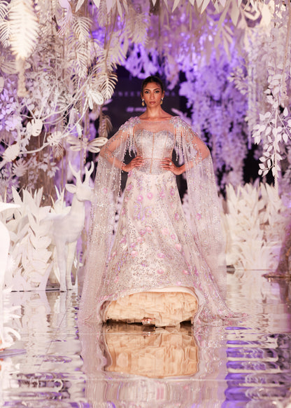 Embroidered Gown with Beaded Cape
