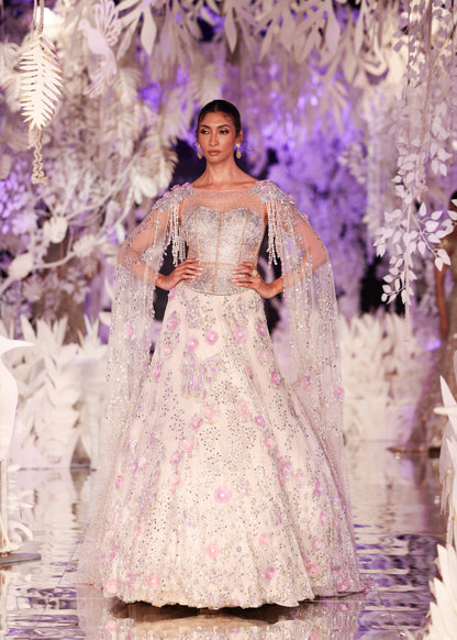 Embroidered Gown with Beaded Cape