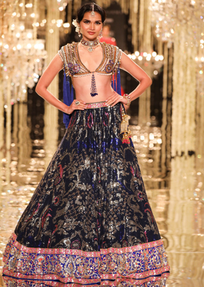 Dark Navy and Gold Sheeting Lehenga