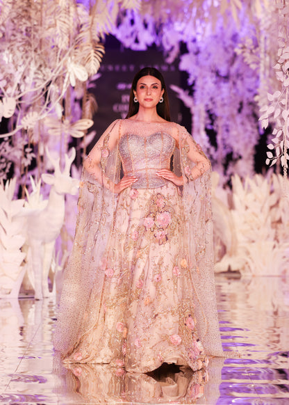 Blush Floral Embroidered Lehenga with Cape Sleeves