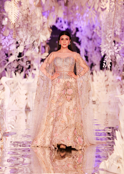 Blush Floral Embroidered Lehenga with Cape Sleeves