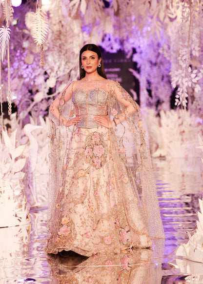 Blush Floral Embroidered Lehenga with Cape Sleeves