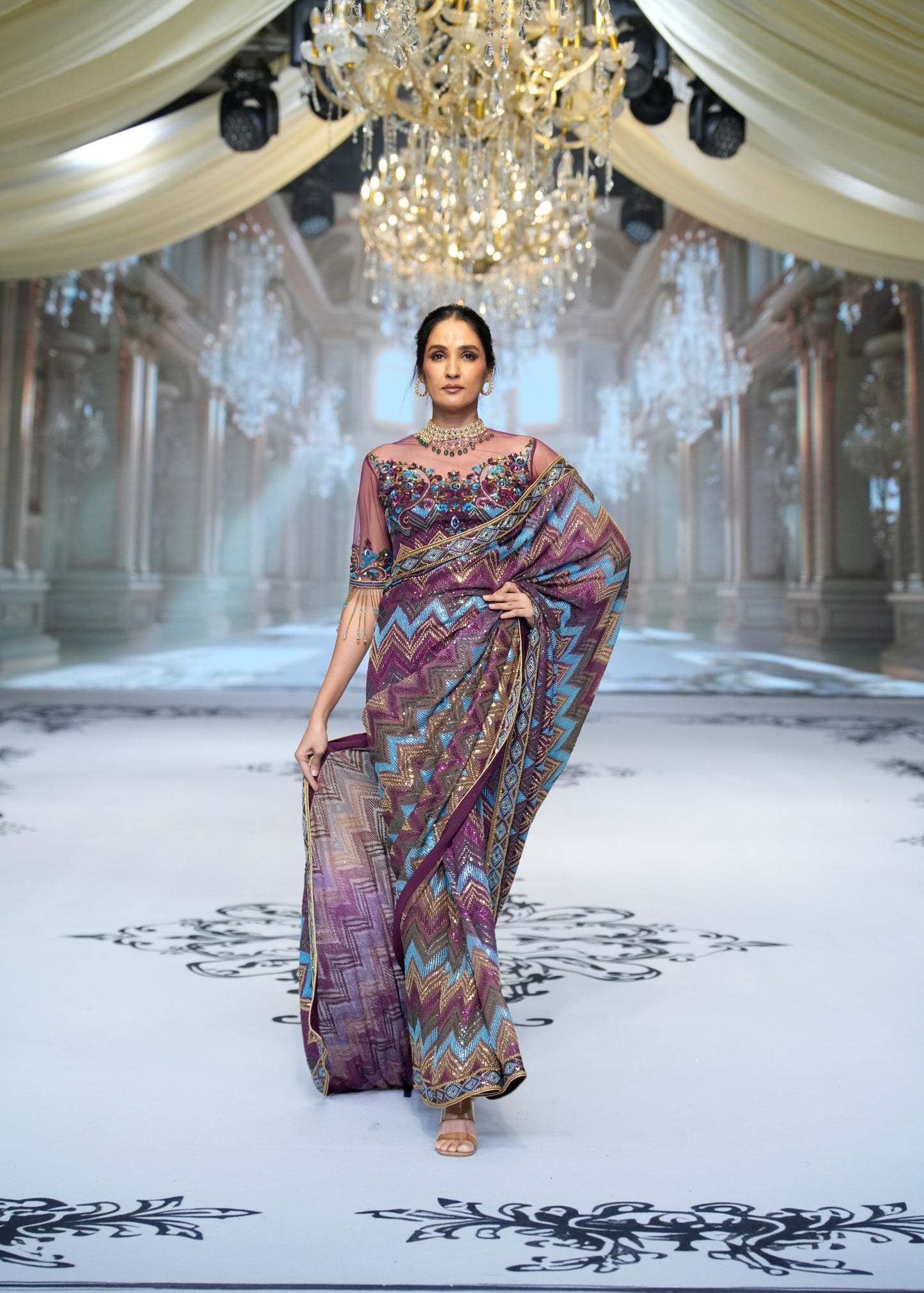 Chevron Plum Embroidered Saree