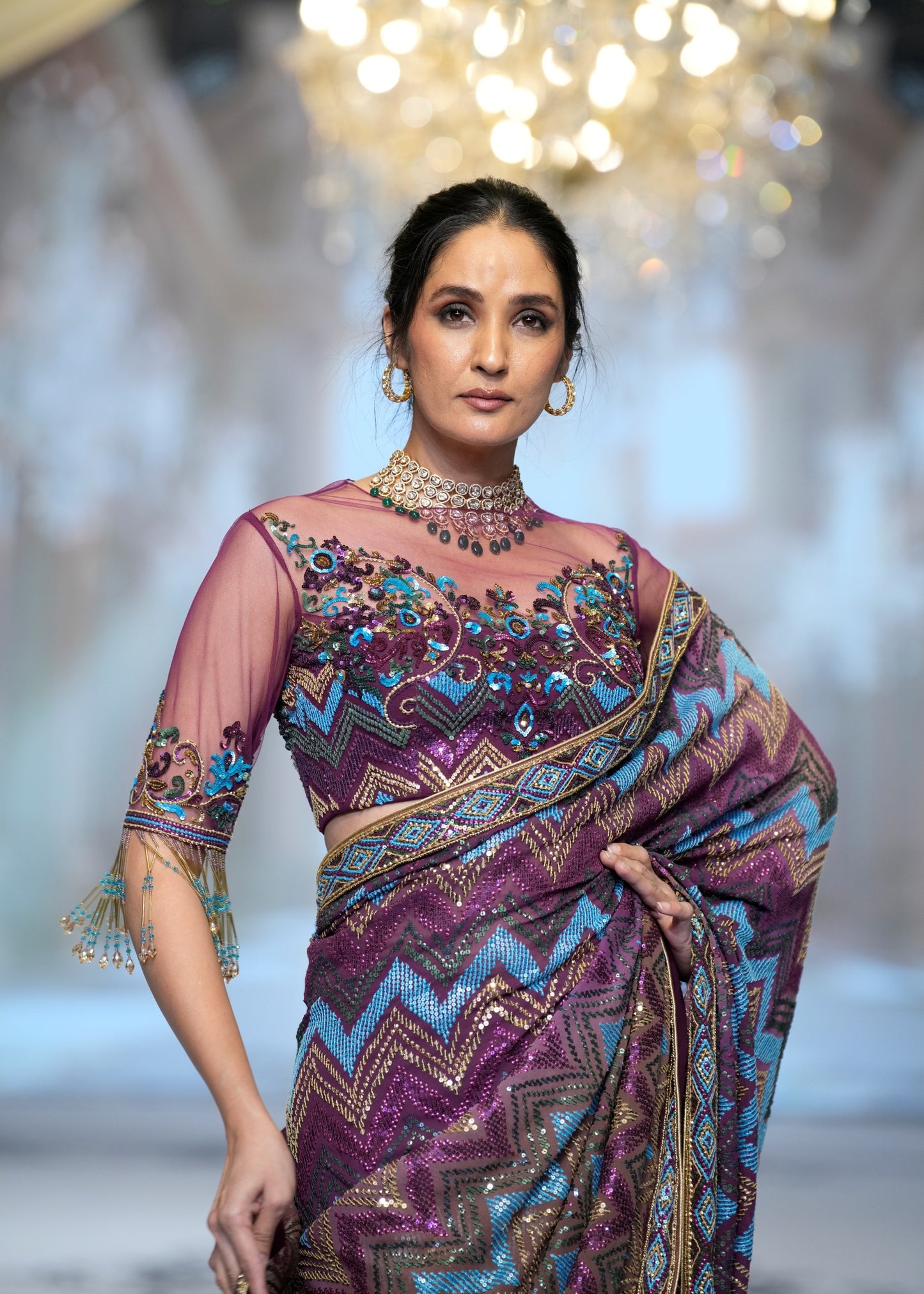 Chevron Plum Embroidered Saree