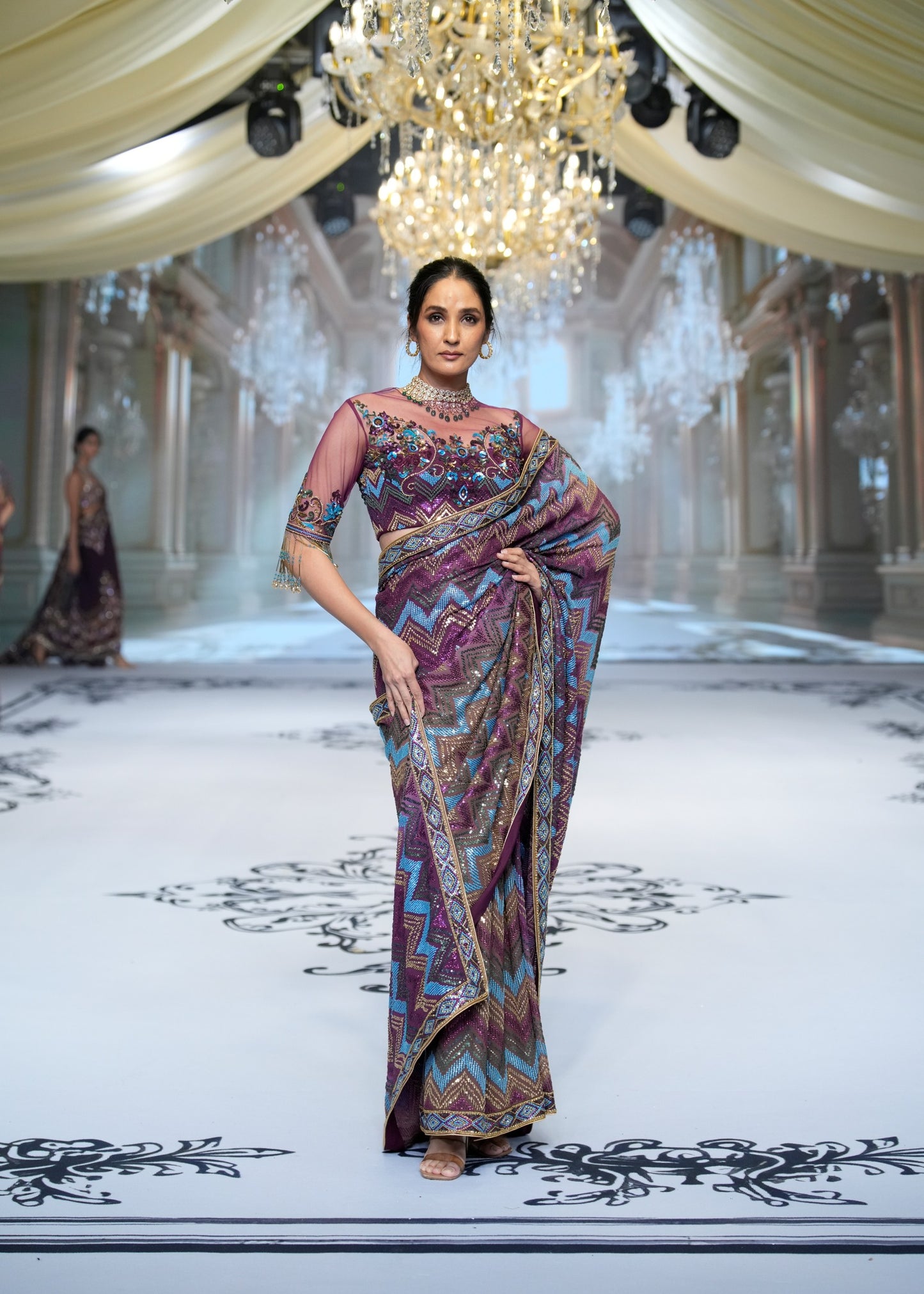 Chevron Plum Embroidered Saree