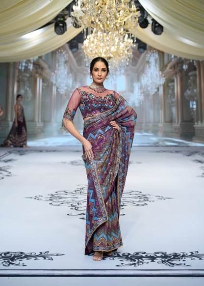 Chevron Plum Embroidered Saree