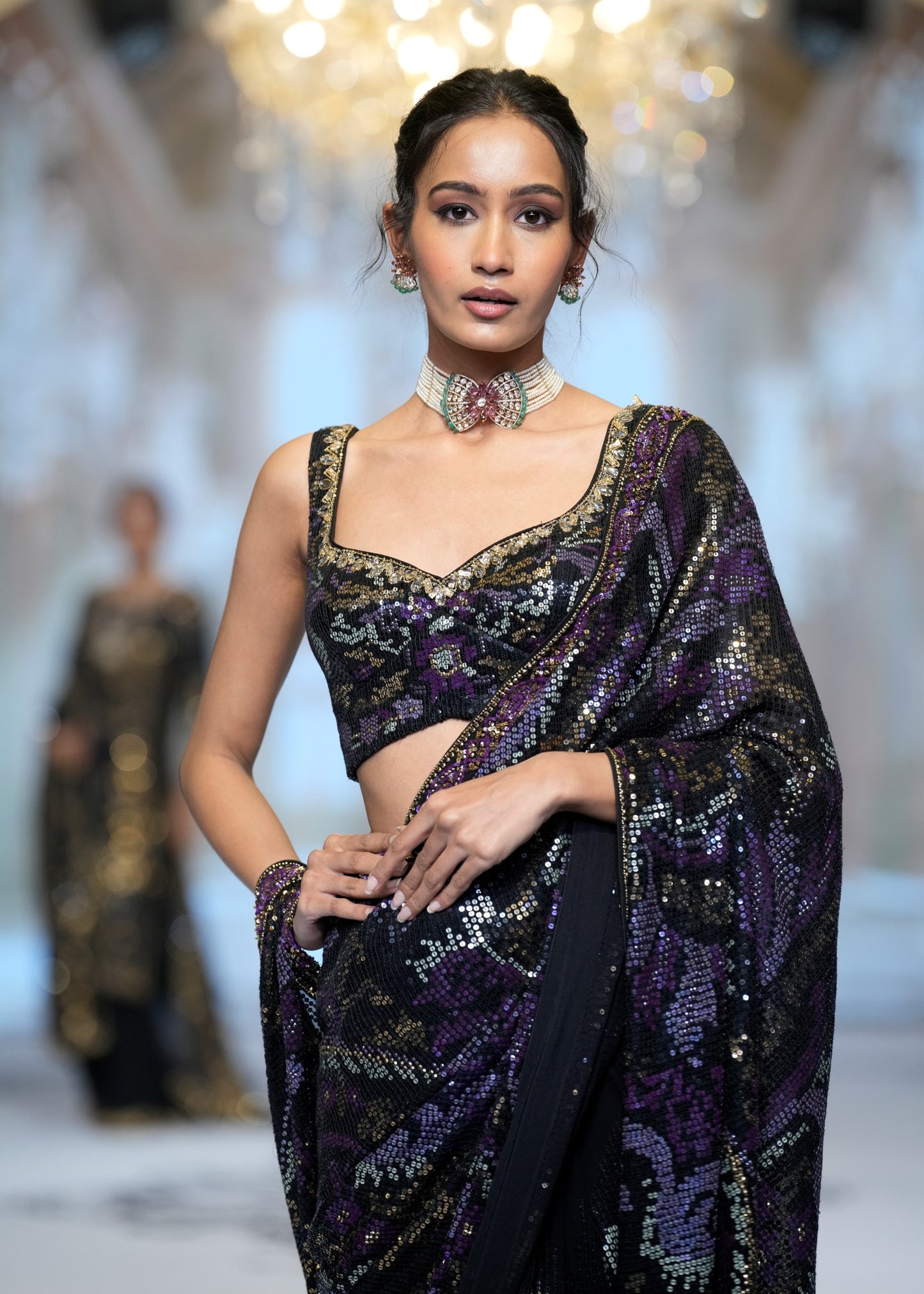 Black & Violet Sheeting Sequins Saree