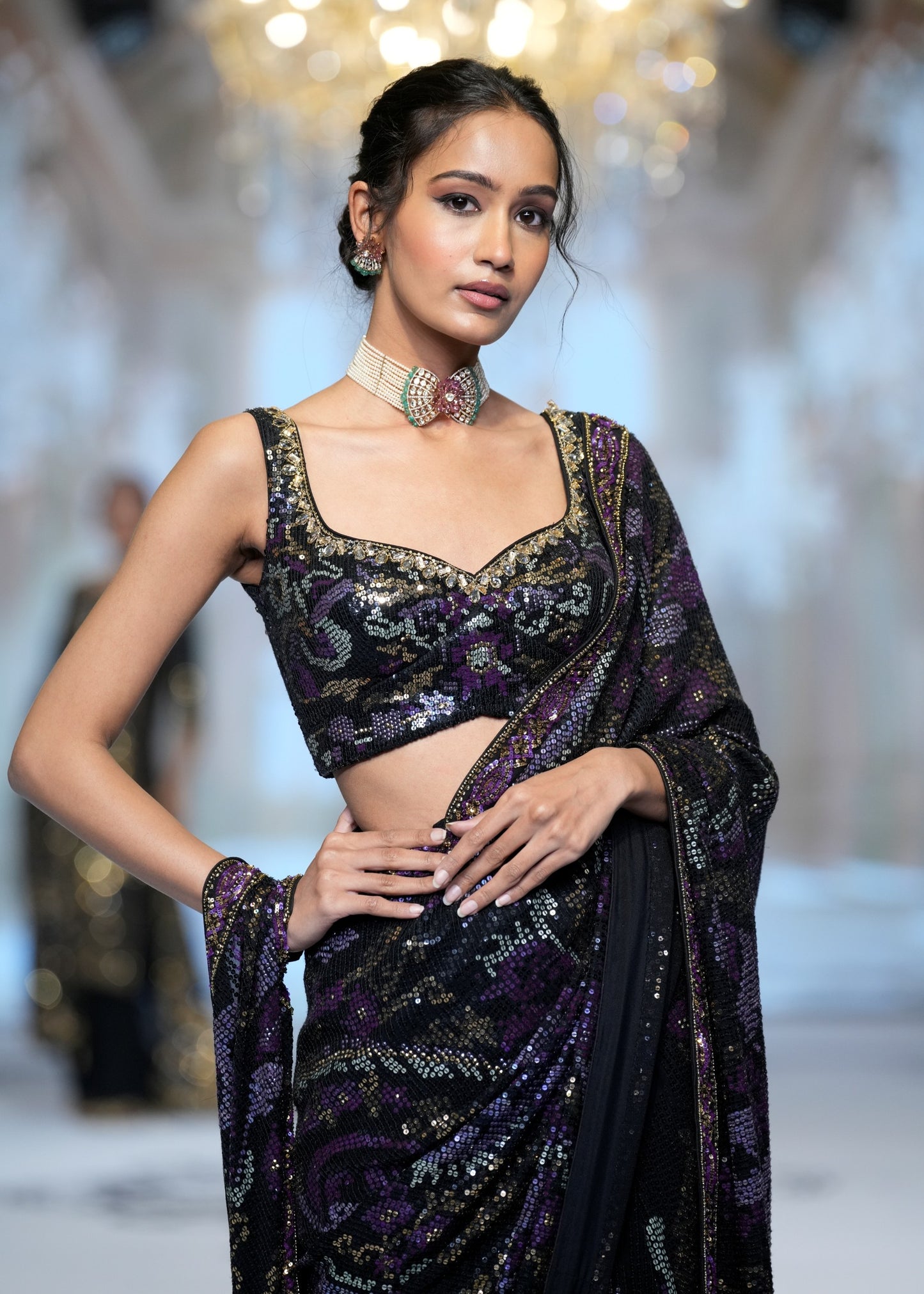 Black & Violet Sheeting Sequins Saree