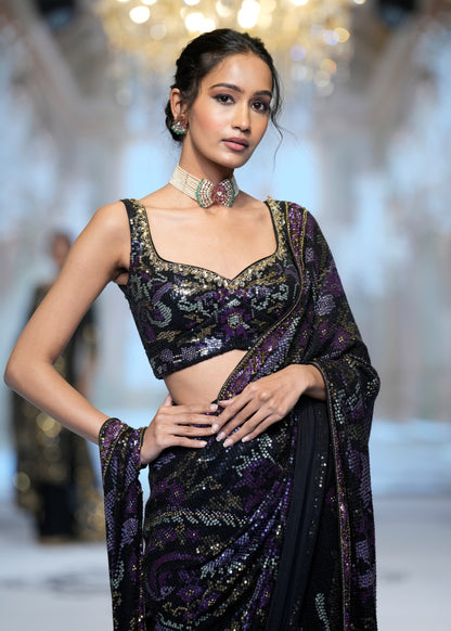 Black & Violet Sheeting Sequins Saree