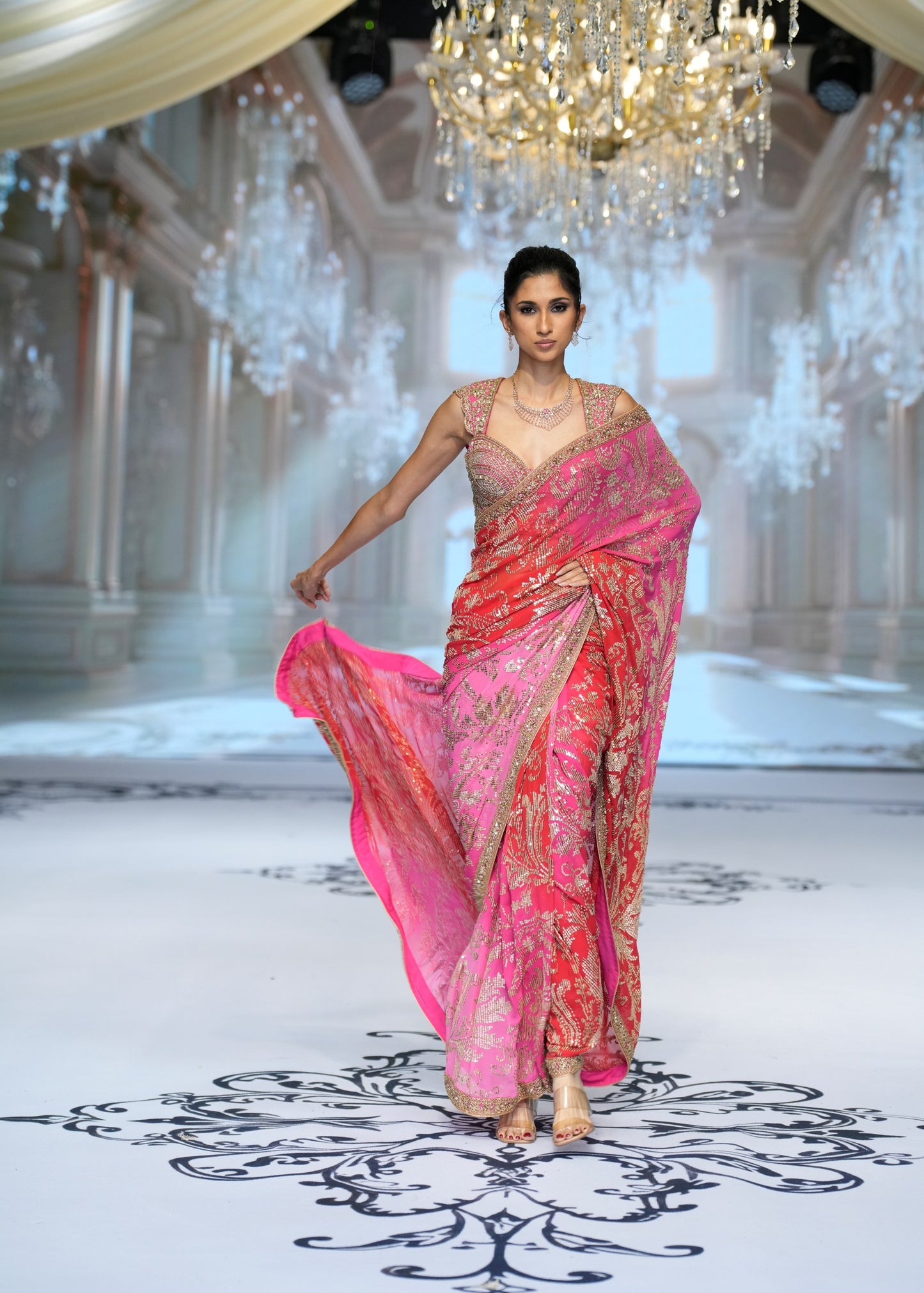 Fuchsia Red Ombre Embroidered Saree