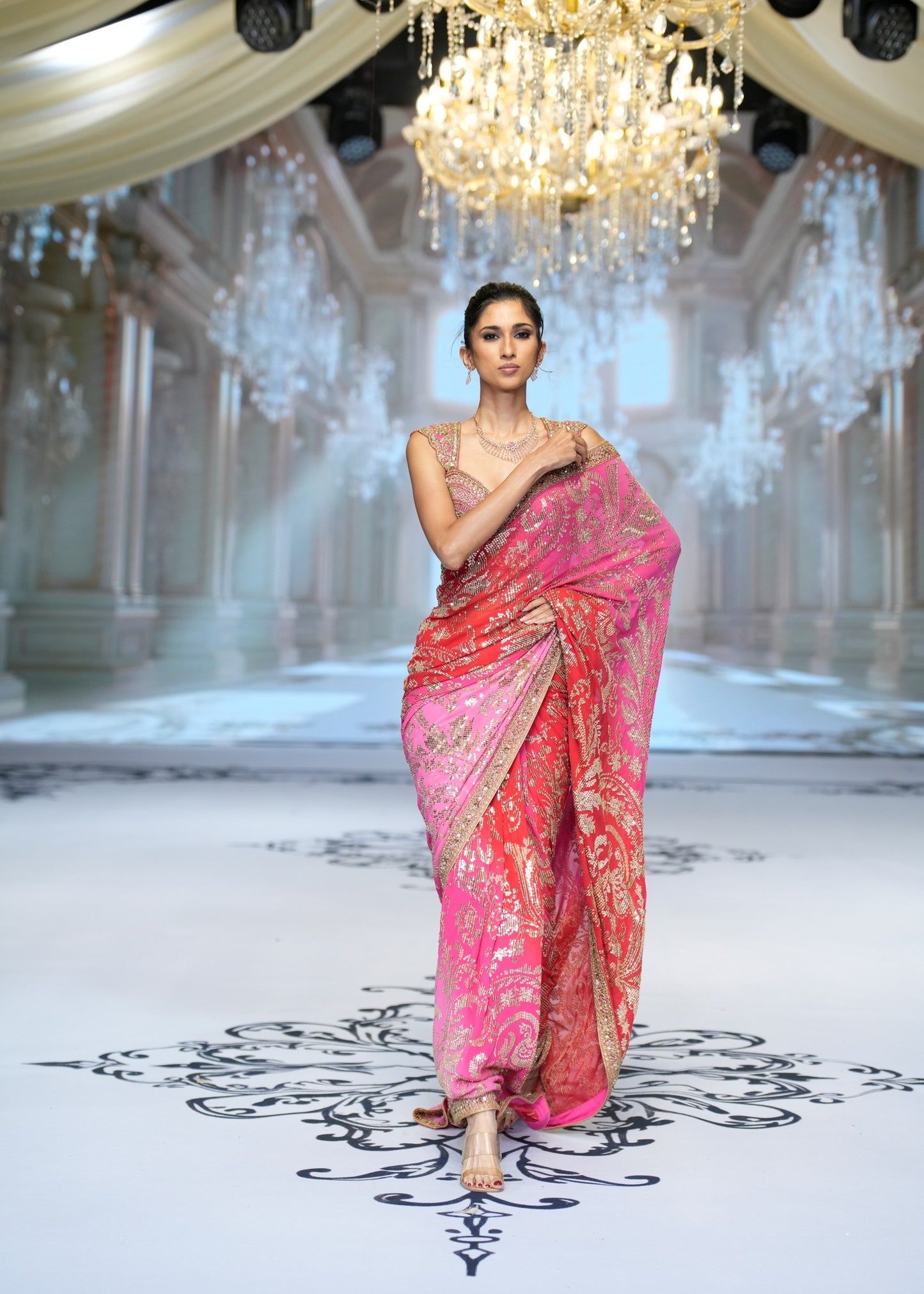 Fuchsia Red Ombre Embroidered Saree