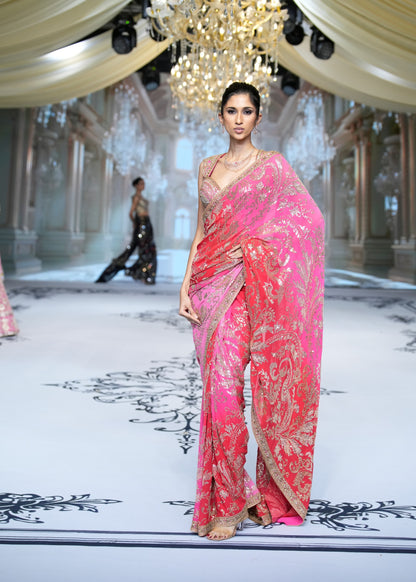 Fuchsia Red Ombre Embroidered Saree