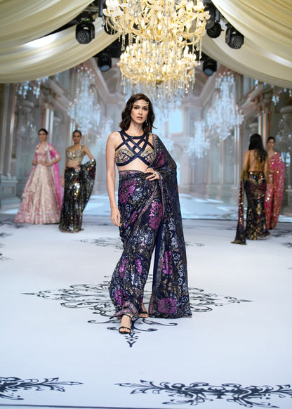 Midnight Blue Floral Motifs Saree
