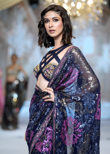 Midnight Blue Floral Motifs Saree