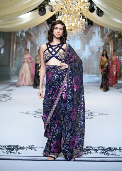 Midnight Blue Floral Motifs Saree