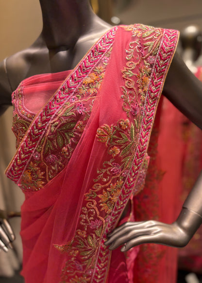 Onion Pink Border Indian Tule Saree