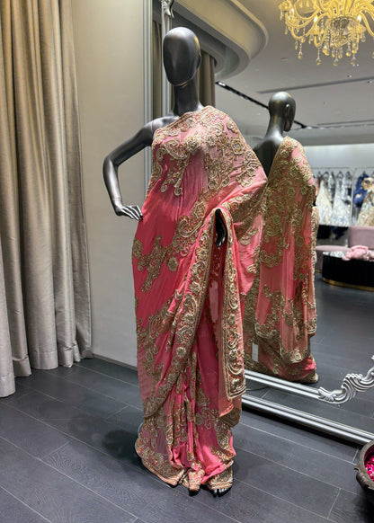 Coral to Pink Cutout Gold Sequence Jaal Saree