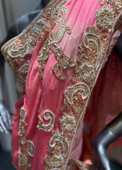 Coral to Pink Cutout Gold Sequence Jaal Saree