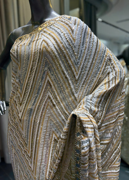 White And Gold Geometric Zig Zag Saree