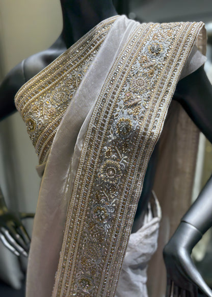 Grey Silver Tissue Border Saree