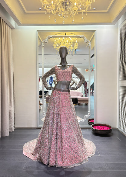Pink French Embroidery Lengha Set