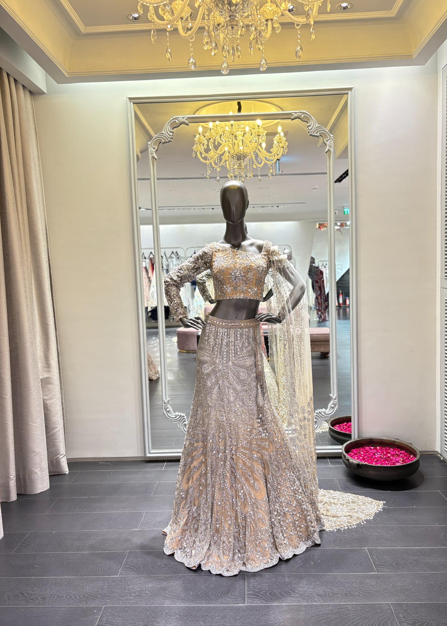 Ivory To Nude Shaded Star Embroidery Lehenga And Blouse With One Side Cascade