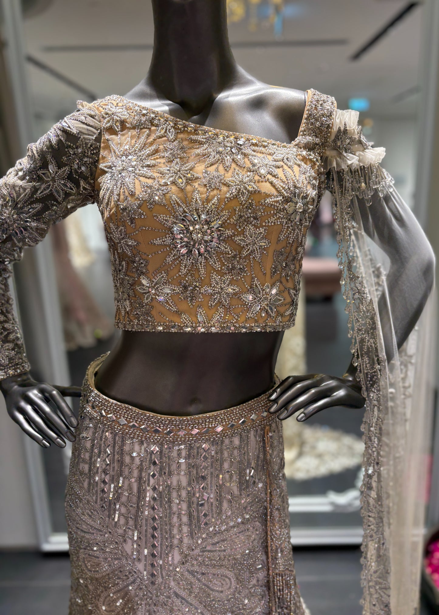 Ivory To Nude Shaded Star Embroidery Lehenga And Blouse With One Side Cascade