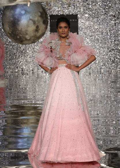 Shaded Pink Crystal Skirt With 3d Flower Halter Blouse