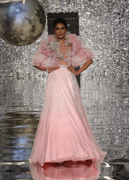 Shaded Pink Crystal Skirt With 3d Flower Halter Blouse