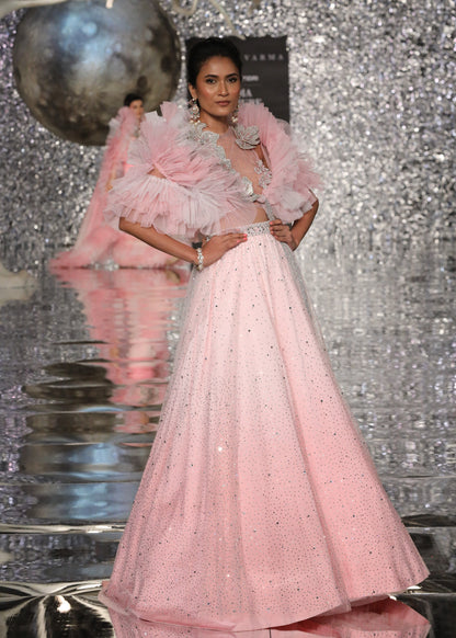 Shaded Pink Crystal Skirt With 3d Flower Halter Blouse