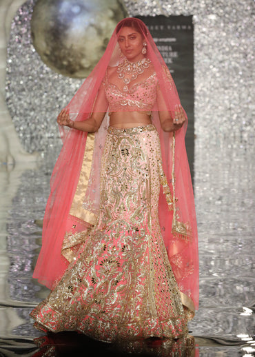 Shaded Pink Fish Cut Lehenga With Acryllic Mirror & Sequin Embroidery With Blouse And Dupatta