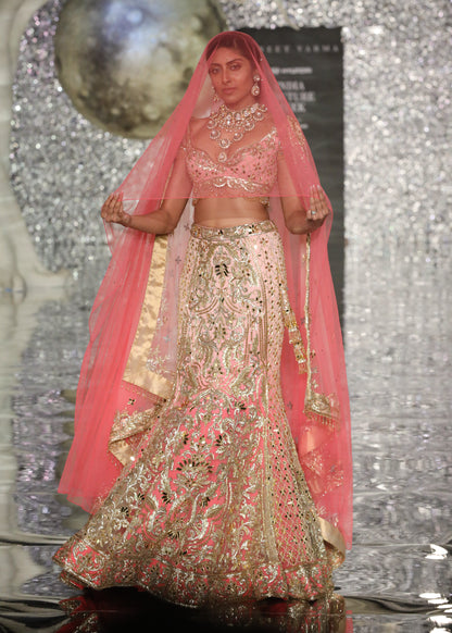 Shaded Pink Fish Cut Lehenga With Acryllic Mirror & Sequin Embroidery With Blouse And Dupatta