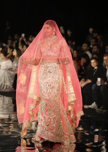Shaded Pink Fish Cut Lehenga With Acryllic Mirror & Sequin Embroidery With Blouse And Dupatta