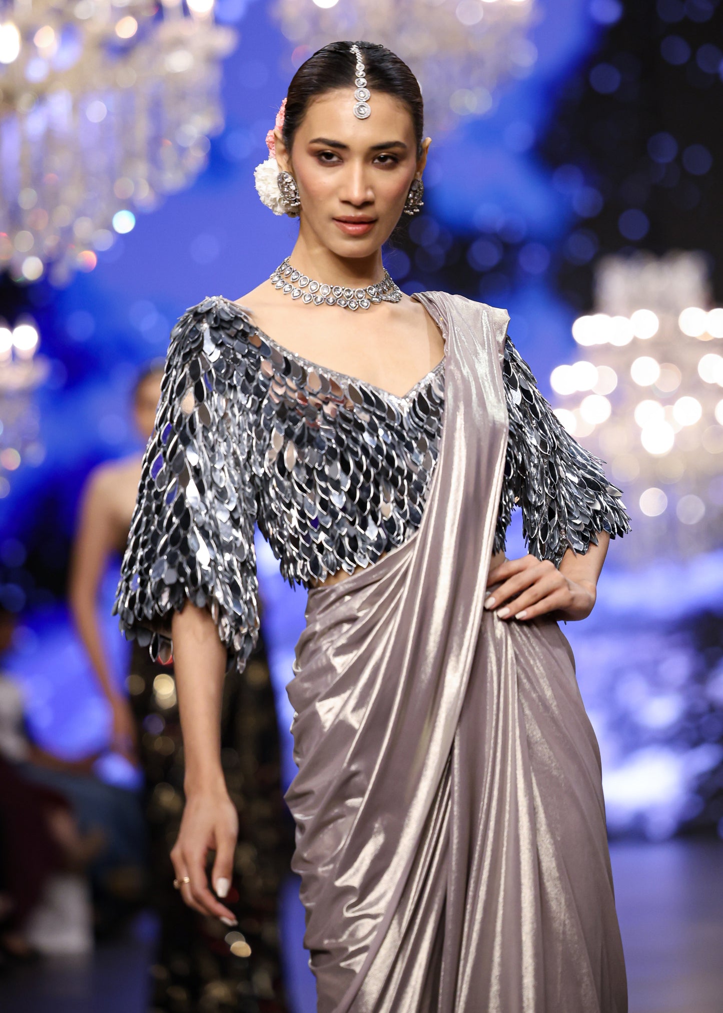 Metallic Silver Blouse With Drape Skirt