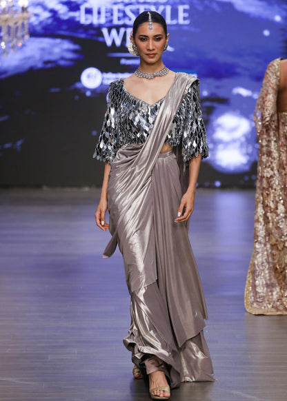 Metallic Silver Blouse With Drape Skirt