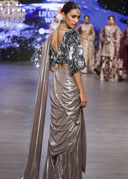 Metallic Silver Blouse With Drape Skirt