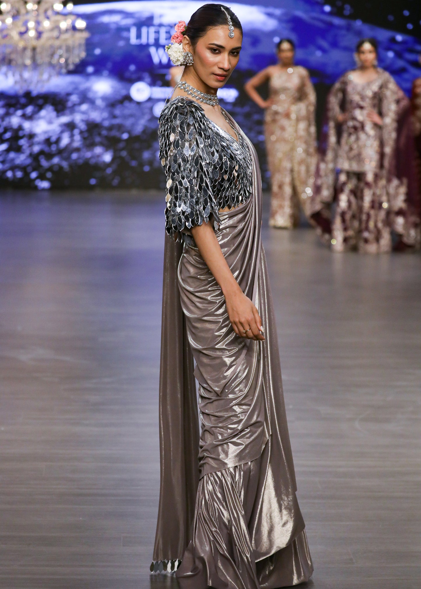 Metallic Silver Blouse With Drape Skirt