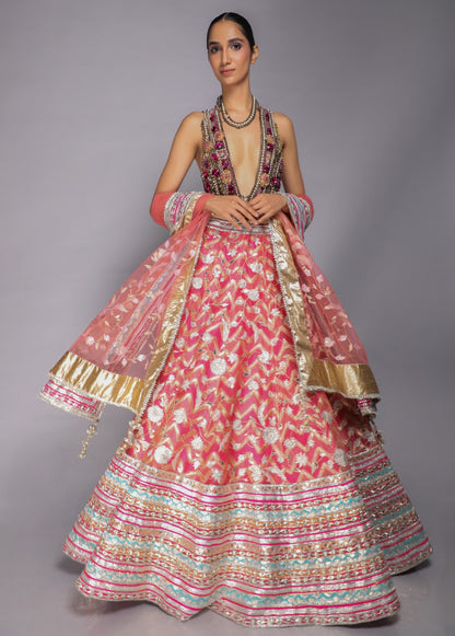 Bejewelled Blouse With Gota Lehenga