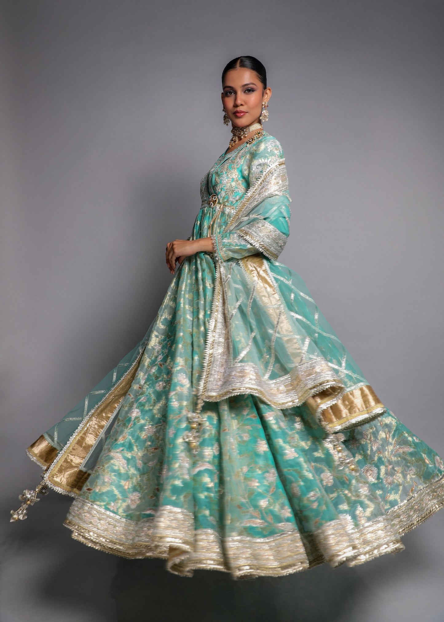 Aqua Embroidered Anarkali Set