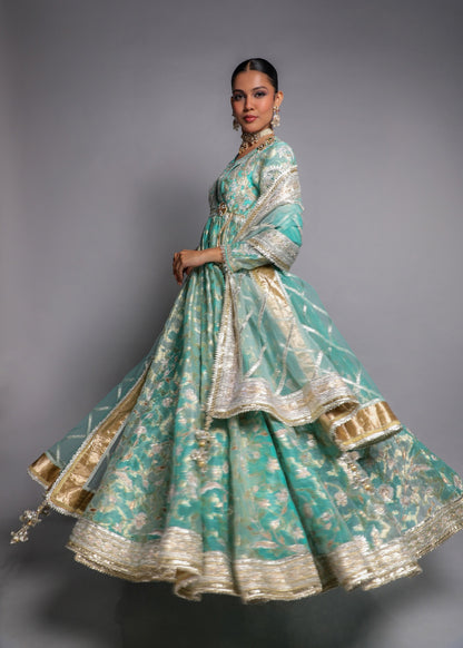 Aqua Embroidered Anarkali Set