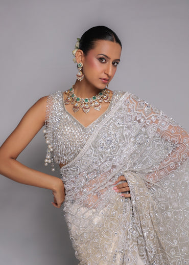 Ivory Embellished Saree With Pearl Blouse