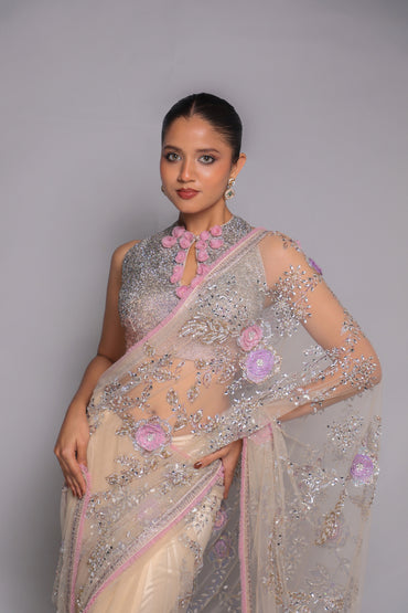 Blush Nude Embellished Saree With Floral Accents