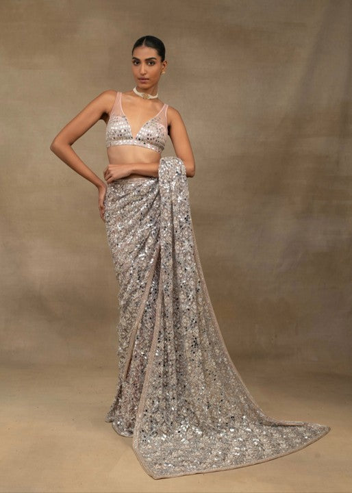 Blush Pink Mirror Work Pre-Draped Saree with Blouse