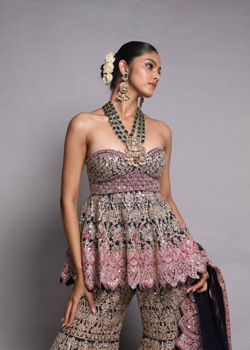Strapless Peplum & Gharara Set with Trail