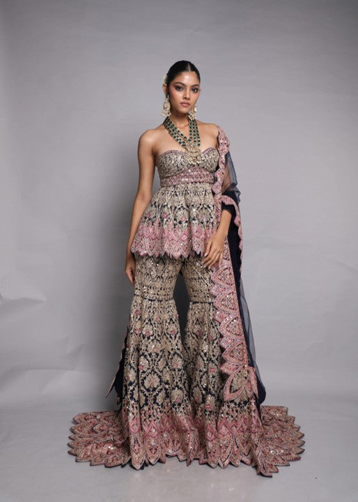 Strapless Peplum & Gharara Set with Trail