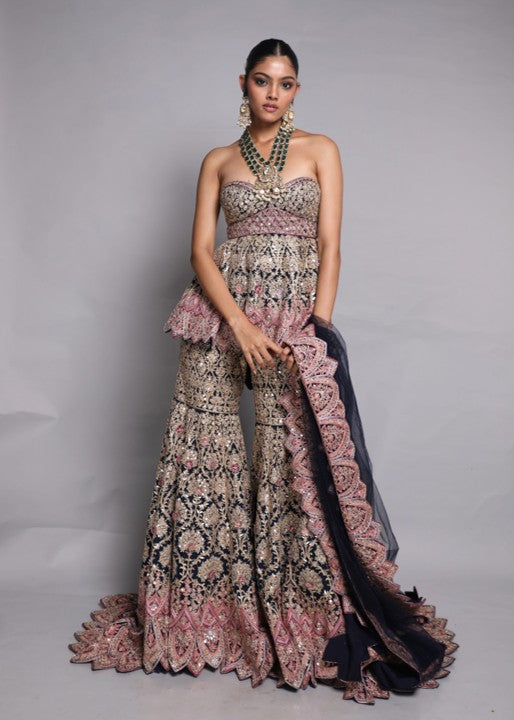 Strapless Peplum & Gharara Set with Trail