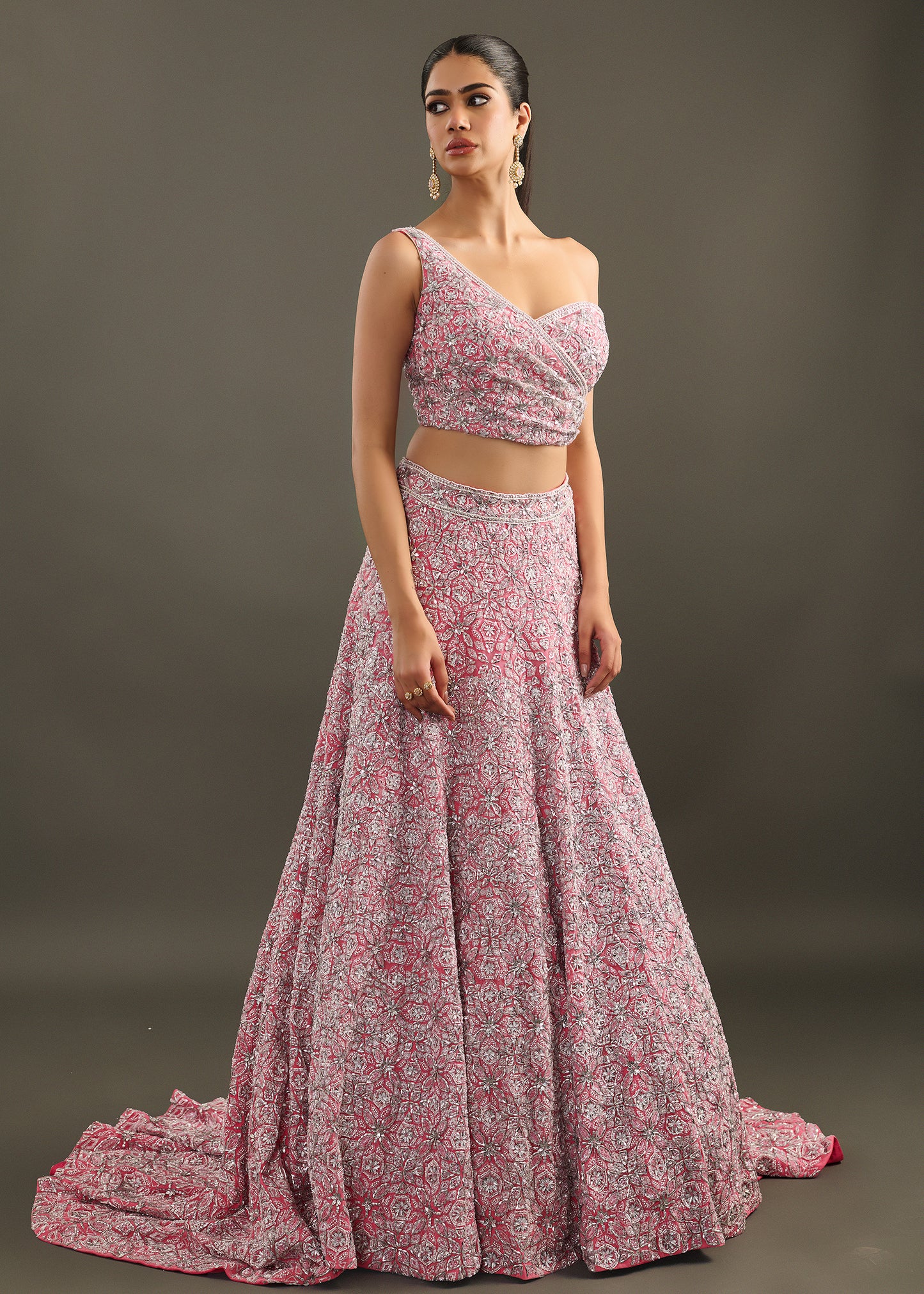 Fuchsia Pink Embellished Lehenga with One-Shoulder Blouse and Dupatta